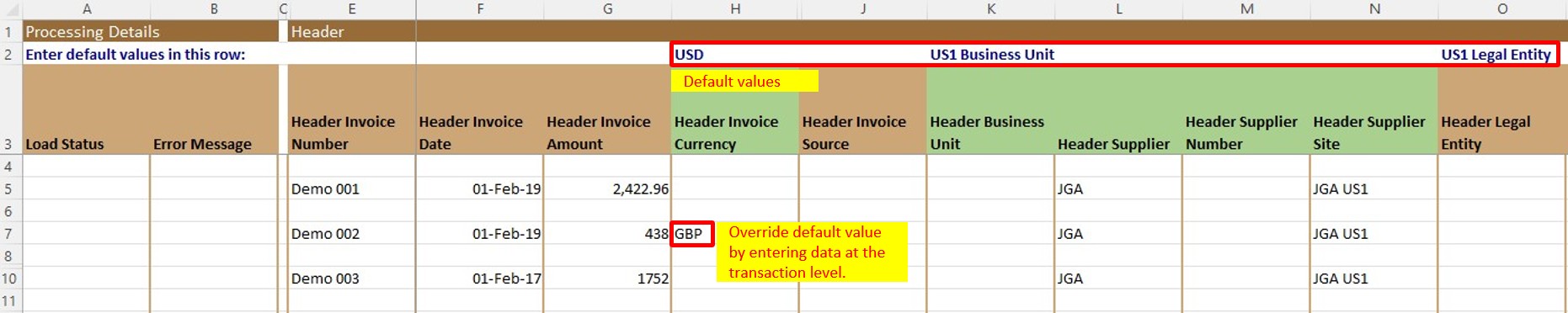 Default Value - Simplified Loader Excel for Oracle Fusion Cloud ERP